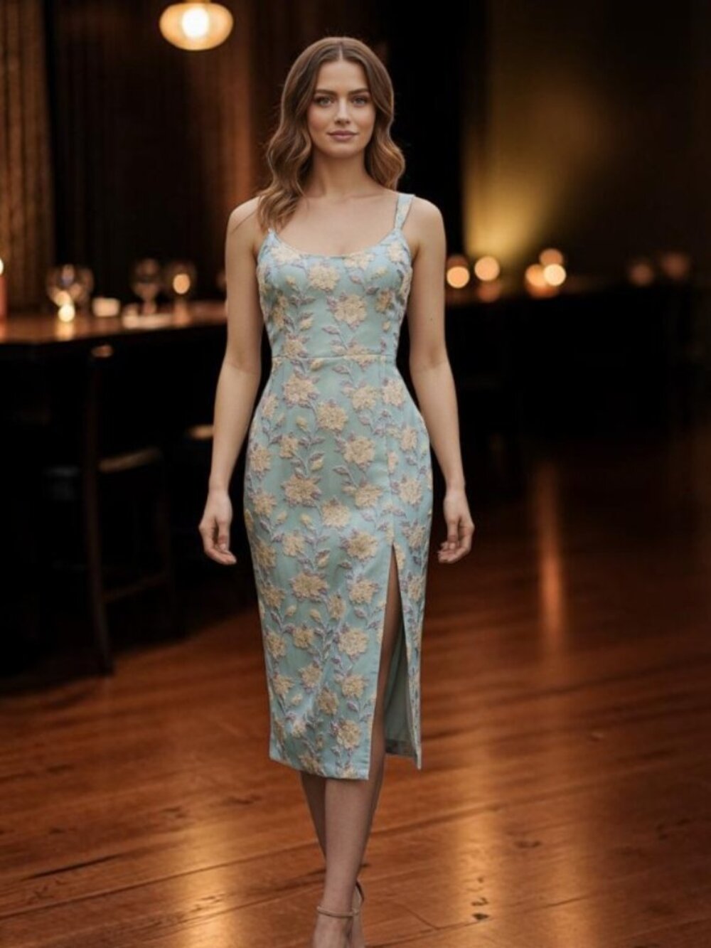 NWT LULU's Light Blue Brocade Body Con Dress Size Medium